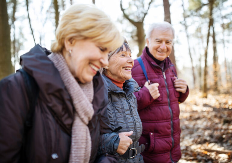 Group of happy elderly people walking in a forest in the winter
