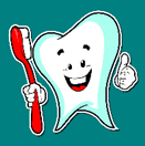 Tooth cartoon holding toothbrush.